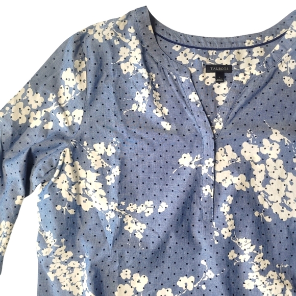 Talbots Floral Dot Chambray Cotton Blouse Large - Picture 6 of 6
